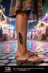 A woman's ankle with a feather tattoo, wearing a maxi skirt at a festival.