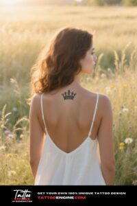 A woman with a crown tattoo on her neck standing in a sunlit field.