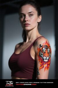 A woman with a colorful tiger head and flames tattoo on her arm