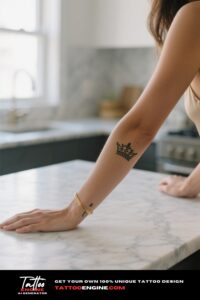 A woman's forearm with a crown tattoo resting on a marble countertop.