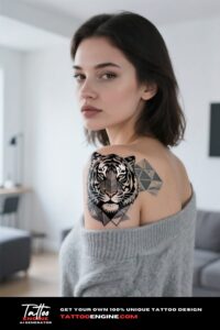 A woman's shoulder with a geometric tiger tattoo