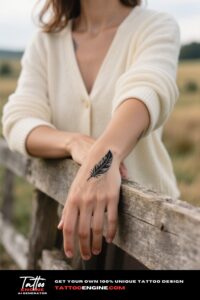 A woman's hand with a delicate feather tattoo, wearing a cream cardigan.