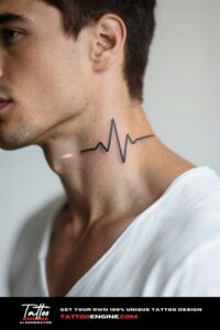 Close-up of a man with a heartbeat line neck tattoo in a white t-shirt.