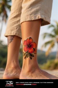 A woman's ankle with a vibrant hibiscus tattoo against a tropical background