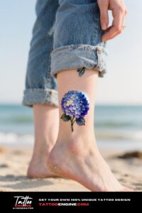 A woman's ankle with a hydrangea tattoo, in a coastal setting
