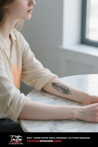 A woman's forearm with a detailed feather tattoo, wearing a beige shirt.