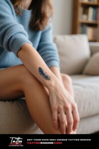 A woman's wrist with an intricate feather tattoo, wearing a blue sweater.