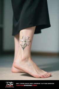 A woman's ankle with a fine-line lily tattoo, wearing an elegant dress