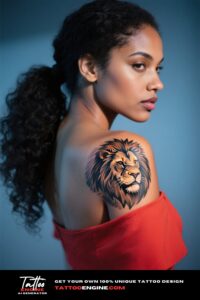A photorealistic image of a woman's shoulder with a lion head tattoo