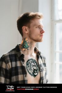 A man with a lion neck tattoo and a plaid shirt by a window.
