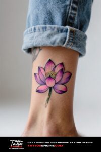 A close-up of a woman's ankle with a colorful lotus flower tattoo
