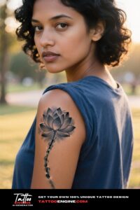 A photorealistic image of a woman's shoulder with a lotus flower tattoo