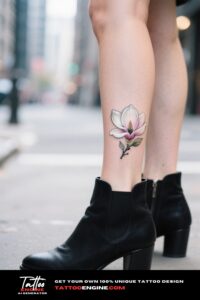 A woman's ankle with a magnolia tattoo, in a city street setting