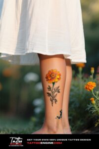 A woman's ankle with a marigold tattoo, in a softly lit garden