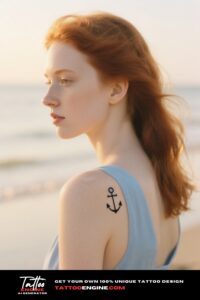 A photorealistic image of a woman's shoulder with a minimalist anchor tattoo