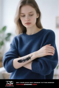 A woman's wrist with a minimalist feather tattoo, wearing a navy blue sweater.
