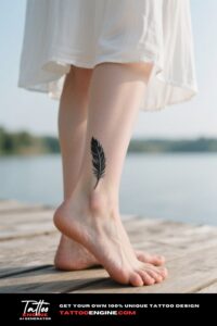 A woman's foot with a minimalist feather tattoo, standing on a wooden deck.