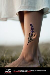 A close-up of a woman's ankle with a minimalist lavender sprig tattoo