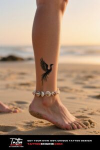 A close-up of a minimalist phoenix silhouette tattoo on a woman's ankle at the beach.