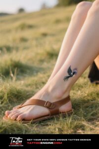 A close-up of a minimalist phoenix silhouette tattoo on a woman's foot on a grassy hill.