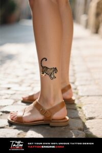 Close-up of a minimalist tiger tattoo on a woman's ankle