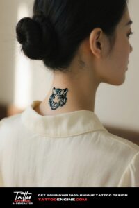 Close-up of a minimalist tiger face tattoo on a woman's nape