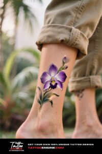 A woman's ankle with an orchid tattoo, against a blurred tropical garden