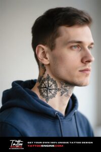 Close-up of a man with an ornate compass neck tattoo in a navy hoodie.