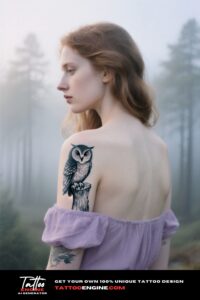 A photorealistic image of a woman's shoulder with an owl tattoo