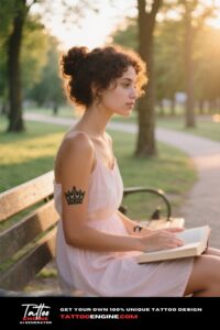 A woman with a crown tattoo on her arm sitting on a park bench.