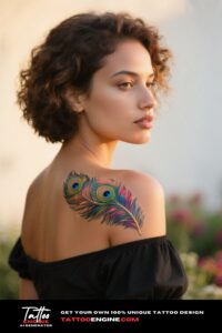 A photorealistic image of a woman's shoulder with a peacock feather tattoo