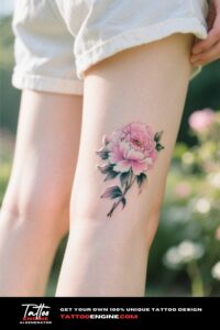A woman's ankle with a detailed peony tattoo, in a sunlit garden
