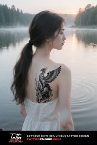 A close-up of a phoenix tattoo on a woman's shoulder blade by a lake.