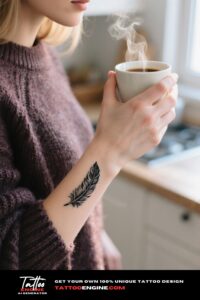 An extreme close-up of a phoenix feather tattoo on a woman's wrist holding a coffee cup.