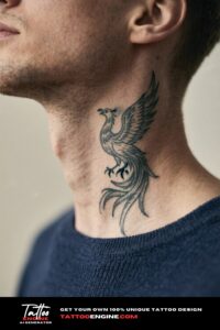 Close-up of a man's neck with a phoenix tattoo, in a navy sweater.