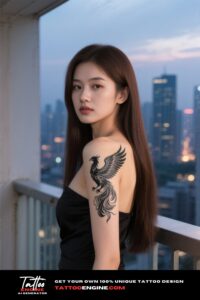 A woman with a black and grey phoenix tattoo on her shoulder blade, overlooking a cityscape.