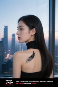 A woman with a fine-line phoenix tail feather tattoo on her neck, against a city skyline.