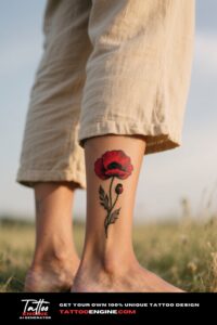 A woman's ankle with a poppy tattoo, in a softly blurred field setting