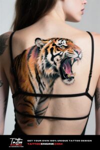 A woman with a large, colorful tiger tattoo on her back