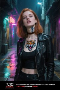 A woman with a detailed roaring tiger tattoo on her neck