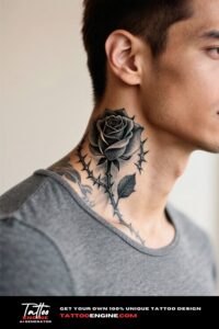 Close-up of a man with a rose and thorns neck tattoo in a grey t-shirt.