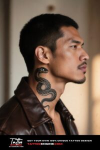 Side view of a man with a serpent neck tattoo in a leather jacket.