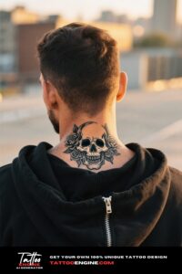 A man with a skull and roses neck tattoo in a black hoodie.