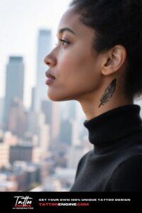 A woman's neck with a fine-line feather tattoo behind the ear, wearing a black turtleneck.