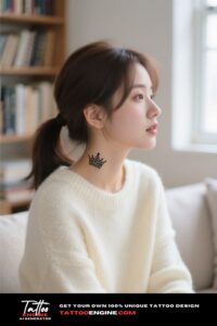 A woman with a crown tattoo behind her ear in a cozy room.