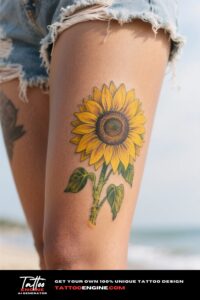 A woman's ankle with a sunflower tattoo, against a blurred beach background