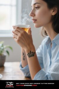 A woman's wrist with a crown tattoo as she holds a cup of tea.