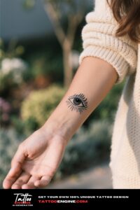 Close-up of a fine-line tiger eye tattoo on a woman's wrist