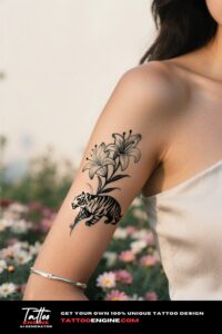 Close-up of a fine-line tiger and lily tattoo on a woman's wrist