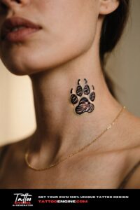 Close-up of a fine-line tiger paw tattoo on a woman's neck